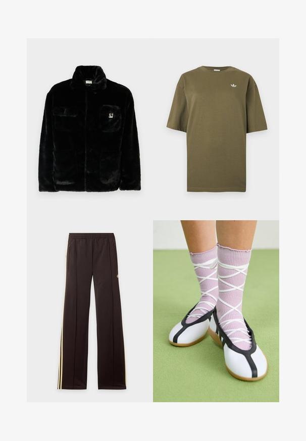 Veste en fausse fourrure noire avec un col, deux poches avant et un petit patch logo sur le côté supérieur gauche. Texture douce et coupe décontractée.; T-shirt vert olive à manches courtes avec col rond et petit logo trefoil blanc d'Adidas sur la poitrine gauche.; Pantalon de survêtement noir avec des bandes latérales jaunes, taille élastique, poches latérales zippées et un petit logo sur la partie supérieure de la cuisse.; Jambes portant des chaussettes lavande côtelées avec des brides blanches croisées, associées à des ballerines blanches avec un bord noir sur un sol vert.