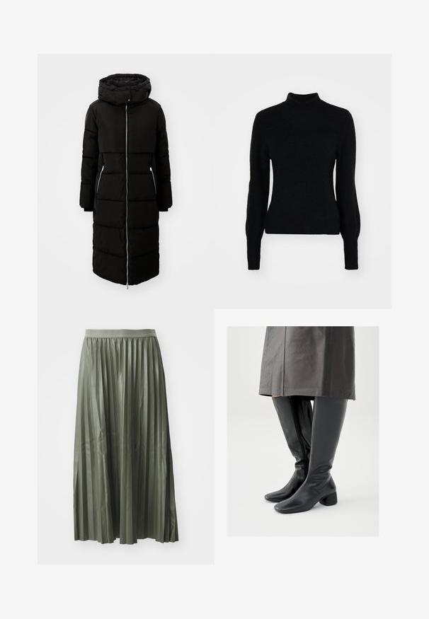 Sort pufferjakke med hætte, knælang, med lynlås foran, to sidelommer og quiltet tekstur. Inkluderer justerbare snore til hætten.; Sort turtleneck sweater lavet af et blødt, tekstureret stof. Med lange ærmer og et tætsiddende design med en sømløs finish.; Plisseret midi-nederdel i dæmpet grøn, lavet af glat stof. Har en elastisk talje og falder til midt på læggen med jævnt fordelte lodrette plisseringer.; Knæhøje sorte læderstøvler med firkantet tå, skråt stillet blokhæl og en sidesyning; glat tekstur og tætsiddende design.