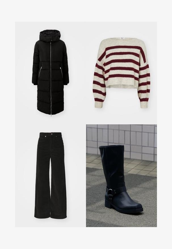 Sort pufferjakke med hætte, knælang, med lynlås foran, to sidelommer og quiltet tekstur. Inkluderer justerbare snore til hætten.; Cremefarvet og bordeauxstribet cropped sweater med bred halsudskæring, nedfaldne skuldre og ribbede manchetter. Lavet af et blødt strikmateriale.; Sorte kordfløjl bredbenede bukser med høj talje, der har to forlommer og en metalknaplukning. Tekstureret stof med lodrette ribber.; Sort læderstøvle midt på læggen med lav blokhæle og en dekorativ rem med metal spænde rundt om anklen, på en flisebelagt fortov.