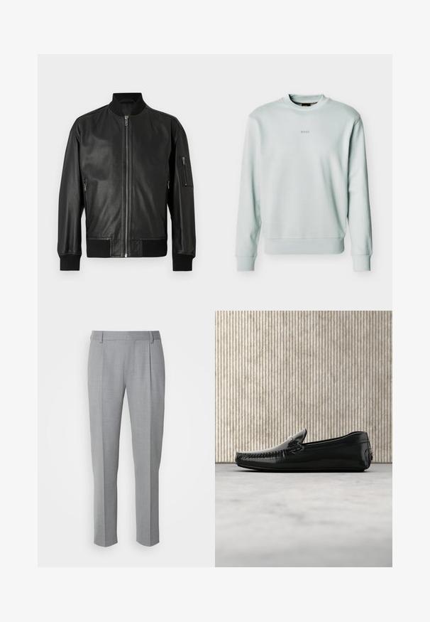 Veste aviateur en cuir noir avec fermeture éclair à l'avant, col côtelé, poignets, ourlet et poche zippée sur la manche gauche.; Sweat-shirt gris clair à col rond avec poignets et ourlet côtelés, petit logo "BOSS" centré sur la poitrine.; Pantalons gris sur mesure avec une texture lisse, présentant un devant plat, des jambes droites et de légères pinces pour plus de détail.; Mocassins en cuir noir avec une finition brillante, bout rond et quincaillerie décorative à l'avant. Semelle en caoutchouc à profil bas. Texture lisse.