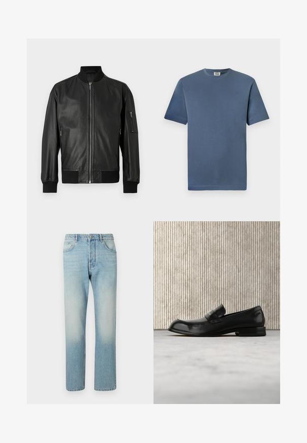 Veste aviateur en cuir noir avec fermeture éclair à l'avant, col côtelé, poignets, ourlet et poche zippée sur la manche gauche.; T-shirt en coton bleu avec un col rond et des manches courtes. Présente une texture lisse et un ourlet droit. Pas de motifs ou graphiques visibles.; Jeans bleu clair fabriqués en denim, présentant un design à jambe droite, une structure à cinq poches et un effet délavé au niveau des cuisses.; Mocassin en cuir noir avec un accent métallique, présenté en lévitation au-dessus d'un tapis beige, avec une table ronde de couleur ambre en arrière-plan.