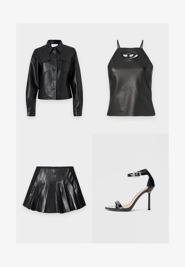 Sort læderjakke med lange ærmer, krave, to brystlommer, knaplukning og glat overflade. Har rene linjer og skræddersyet design.; Sort faux læder tanktop med tynde stropper, halterneck og en oval udskæring ved brystet. Glat tekstur, tætsiddende design.; Sort plisseret nederdel med en skinnende læderfront og en solid sort talje med en lille metaldekoration. Teksturerede læderpaneler forbedrer designet.; Sort højhælet sandal i laklæder med ankelrem. Har minimalistisk design, åben tå og spænde med rhinsten-detaljer.