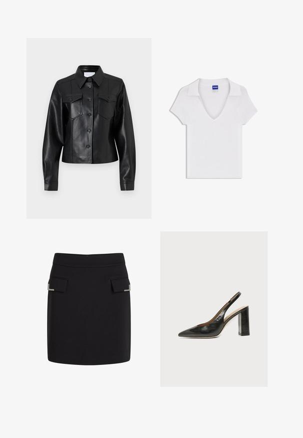 Zwarte leren jas met lange mouwen, kraag, twee borstzakken, knoopsluiting en een gladde textuur. Beschikt over strakke lijnen en een getailleerd ontwerp.; Witte korte mouw shirt met V-hals en brede kraag, gemaakt van gestructureerde stof, met een blauwe "HUGO" label aan de binnenkant van de halslijn.; Zwarte mini-jurk met twee voorflapzakken, elk met een klein zilveren decoratief detail in de hoek.; Zwarte leren dames slingbackpumps met spitse neus en dikke hoge blokhak op witte achtergrond.