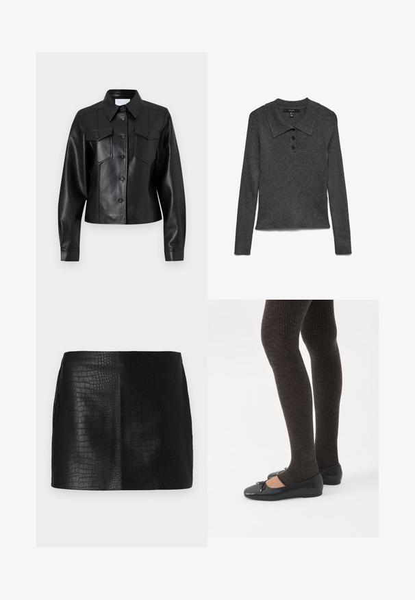 Sort læderjakke med lange ærmer, krave, to brystlommer, knaplukning og glat overflade. Har rene linjer og skræddersyet design.; Mørkegrå, ribstrikket polo med lange ærmer og krave, med tre sorte knapper ved halsudskæringen og en let kortet kant.; Sort faux læder mini nederdel med et struktureret krokodillemønster, der har en glat overflade og skræddersyet pasform uden synlig hardware.; Ben iført mørke ribbede leggings kombineret med sorte balletsko med små sløjfedetaljer på hvid baggrund.