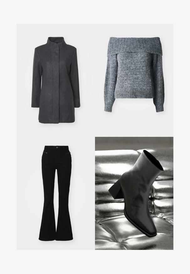 Manteau en laine gris charcoal avec un col haut, des manches longues et une coupe droite. Présente un design épuré et minimaliste sans fermetures visibles.; Pull gris à épaules dénudées, texture tricotée, manches longues, ourlet et encolure côtelés avec une coupe ample, idéal pour le superposition.; Jean flare noir à taille haute, avec poches avant et détails zippés. Fabriqué en denim avec une texture lisse.; Botte noire à la cheville en matériau brillant avec un bout carré et un talon effilé, sur un fond argenté brillant et capitonné.