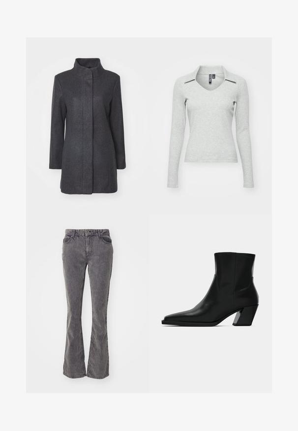 Manteau en laine gris charcoal avec un col haut, des manches longues et une coupe droite. Présente un design épuré et minimaliste sans fermetures visibles.; Haut gris clair à manches longues, en V avec col, fabriqué dans un tissu doux et texturé, présentant une coupe ajustée et un minimum de détails.; Jeans grises à pattes d'éléphant en denim, présentant un design classique à cinq poches, des lignes décolorées et une fermeture à bouton et à zip à la taille.; Bottine en cuir noir avec un bout pointu, une silhouette élégante et un talon carré massif. Texture lisse avec des détails de couture minimalistes.