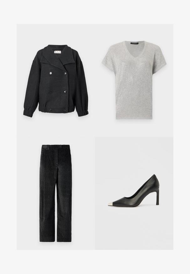 Veste en mélange de laine noire avec un design croisé, grand col et poignets élastiques. Inclut deux poches avant et des accents en boutons.; Pull à col en V argenté à manches courtes avec un motif tricoté texturé scintillant et une coupe décontractée.; Pantalons larges noirs texturés avec un tissage prononcé, dotés de plis à l'avant et d'une taille plate. Design classique pour la polyvalence.; Chaussure à talon haut en cuir noir avec bout pointu et capuchon argenté métallique. Présente une finition lisse et un talon fin de 10 cm.