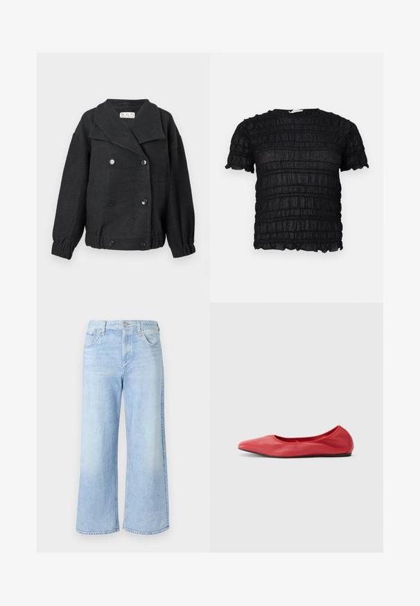 Veste en mélange de laine noire avec un design croisé, grand col et poignets élastiques. Inclut deux poches avant et des accents en boutons.; Haut noir à manches courtes avec tissu texturé froncé et col rond, présentant des motifs horizontaux et verticaux subtils.; Jean denim bleu clair à jambe large avec poches avant, passants pour ceinture, bouton en métal et fermeture éclair.; Filippa K REY FLATS - Ballerines - bright red