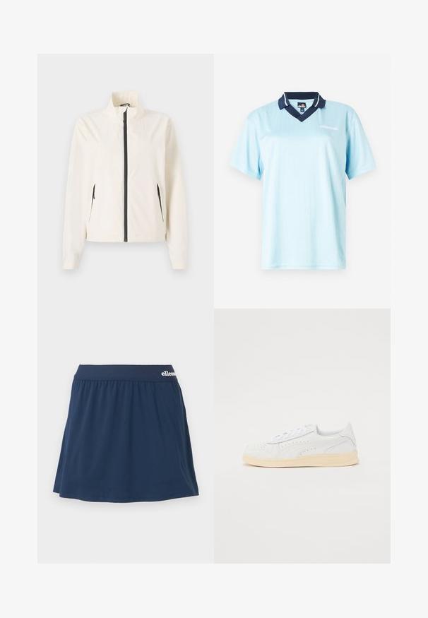 Let the cremefarvede jakke være let og have en høj krave, sort lynlås og sidelommer. Den har en glat tekstur og skræddersyet pasform.; Lyseblå kortærmet polo shirt med marineblå krave. Lodrette striber og logoaksecent på fronten. Glat, letvægtsstof.; Mørkeblå, blødt stof skort med elastisk talje. Har et samlet design og et lille logo på taljen.; Sneakers med hvid syntetisk overdel, perforeret design, flade snørebånd og cremefarvet gummisål. Har et logo på hælen og siden.
