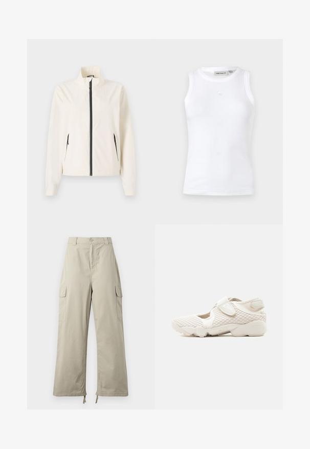 Veste légère en crème avec un col haut, fermeture éclair noire et poches latérales. Présente une texture lisse et une coupe ajustée.; Débardeur blanc sans manches en tissu côtelé. Présente un col rond et un petit logo au centre à l'avant. Design simple.; Pantalons cargo beige clair avec une coupe décontractée, dotés d'une fermeture à bouton, de poches latérales et d'un ourlet ajustable avec des liens. Texture de tissu lisse.; Baskets Nike beige clair avec empeigne en mesh, bandes auto-agrippantes, semelle rembourrée, et côtés découpés, conçues pour le confort et la respirabilité.