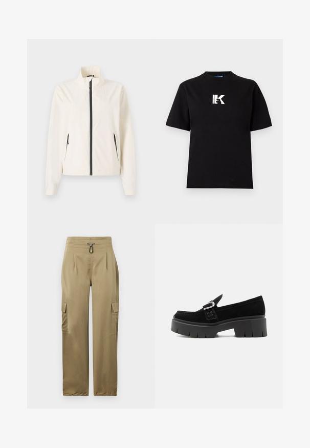 Let the cremefarvede jakke være let og have en høj krave, sort lynlås og sidelommer. Den har en glat tekstur og skræddersyet pasform.; Karl Lagerfeld Jeans LOGO TEE - T-shirts basic - black; Khaki cargo bukser med slim fit, der har en snørelinning, to sidelommer og tekstureret stof for holdbarhed.; Sort ruskindslipper med kraftig sål, sølvspænde og præget "HUGO" på sidesnoren, vist fra ydersiden.