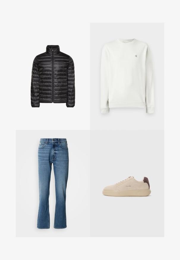 Zwarte gewatteerde jas met een hoge kraag, een volledige ritssluiting aan de voorkant en een horizontaal doorgestikt patroon. Gladde, glanzende stof met elastische manchetten.; Lichtgrijze sweatshirt met ronde hals, gemaakt van gladde stof, met ribgebreide manchetten en zoom, en een klein geborduurd logo op de borst.; Lichtblauwe denim jeans met een rechte snit en een lichte flare. Beschikt over vijf zakken, een knoopsluiting en subtiele wassingdetails.; Beige suède sneakers met een ronde neus, vetersluiting aan de voorkant en een bruine suède accent op de hiel. Beschikt over een gestructureerde rubberen zool.
