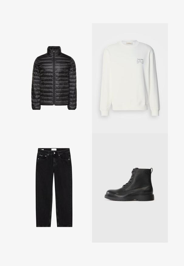 Schwarze gesteppte Jacke mit hohem Kragen, durchgehendem Frontreißverschluss und horizontalem Steppmuster. Glatter, glänzender Stoff mit elastischen Bündchen.; Weißes Baumwoll-Sweatshirt mit langen Ärmeln, Rundhalsausschnitt und bedrucktem Logodesign auf der Brust, mit gerippten Bündchen und Saum.; Schwarze Denim-Jeans mit geradem Bein, leicht distressed Textur, fünf Taschen und silbernen Hardware-Details. Etikett am Bund.; Schwarze Knöchelstiefel aus strukturiertem Leder mit runder Spitze, Schnürdesign und einer robusten schwarzen Gummisohle. Verfügt über eine Schlaufe an der Ferse.