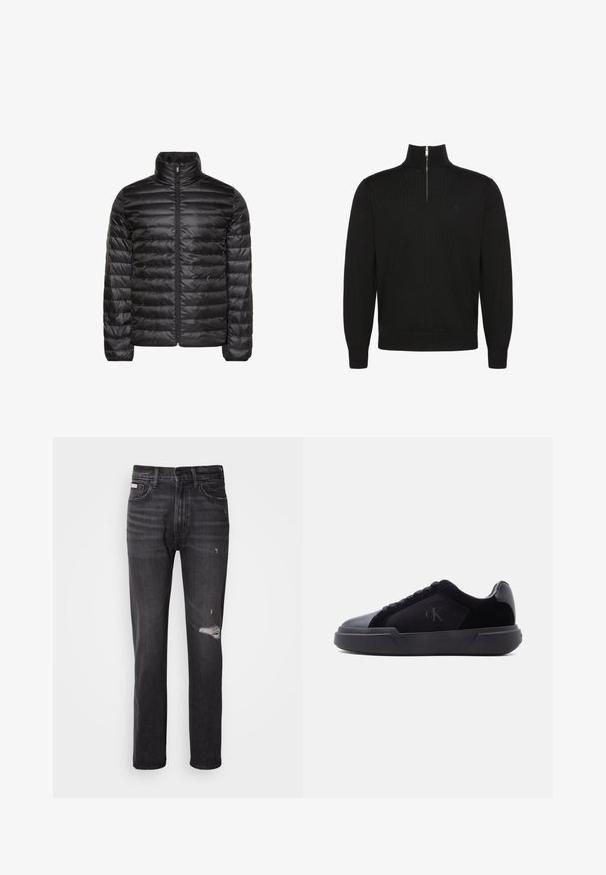 Schwarze gesteppte Jacke mit hohem Kragen, durchgehendem Frontreißverschluss und horizontalem Steppmuster. Glatter, glänzender Stoff mit elastischen Bündchen.; Schwarzer Langarmpullover mit halbem Reißverschluss vorne und gerippten Bündchen und Saum, mit kleinem, unauffälligem Logo auf der Brust.; Schwarze Denim-Jeans mit gerade geschnittenem Bein, ausgefransten Details an den Knien, Fünf-Taschen-Stil und einem dezenten, ausgewaschenen Finish.; Schwarzer Sneaker in Low-Top-Design mit dicker Sohle, Schnürverschluss vorne und dezente "cK"-Logo auf der Seitenpaneele.