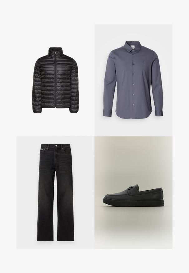 Schwarze gesteppte Jacke mit hohem Kragen, durchgehendem Frontreißverschluss und horizontalem Steppmuster. Glatter, glänzender Stoff mit elastischen Bündchen.; Langarm-Hemd aus dunkelgrauem Stoff. Verfügt über einen klassischen Kragen, Frontknöpfe und ein dezentes Logo auf der Brust. Glatte Textur.; Schwarze Jeans mit geraden Beinen, fünf Taschen, Gürtelschlaufen und Knopfverschluss, auf weißem Hintergrund dargestellt.; Schwarzer lässiger Lederloafer mit Schnürdetails und dicker Gummisohle, seitlich auf neutralem Hintergrund dargestellt.