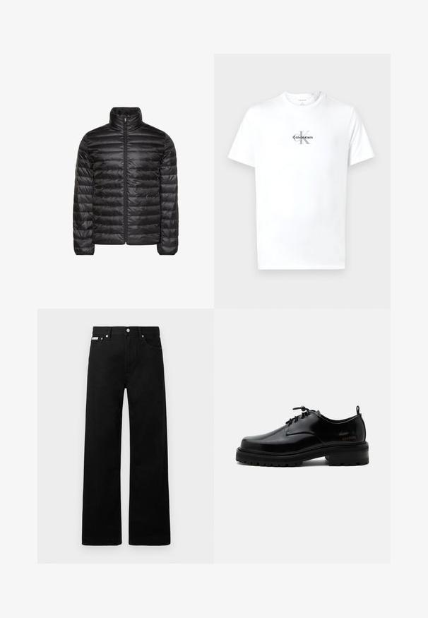Schwarze gesteppte Jacke mit hohem Kragen, durchgehendem Frontreißverschluss und horizontalem Steppmuster. Glatter, glänzender Stoff mit elastischen Bündchen.; Weißes Kurzarm-T-Shirt mit Rundhalsausschnitt und dem Logo "cK Calvin Klein" in Schwarz und Grau, zentriert auf der Brust.; Schwarze Denim-Hose im weiten Bein-Design mit fünf Taschen und metallenen Knopfdetails. Glatte Textur, ohne sichtbare Muster.; Schwarzer polierter Lederschnürschuh mit dicker Gummisohle und niedrigem Absatz, seitlichem Marken-Schriftzug "SAMSOE" und hinterer Zuglasche.