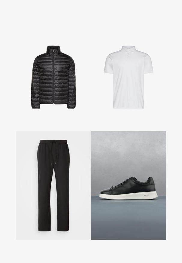 Schwarze gesteppte Jacke mit hohem Kragen, durchgehendem Frontreißverschluss und horizontalem Steppmuster. Glatter, glänzender Stoff mit elastischen Bündchen.; Weißes Polohemd mit kurzen Ärmeln, Kragen und Dreiknopf-Leiste. Glatte Textur ohne sichtbare Muster oder Akzente.; Schwarze Jogginghosen aus leichtem Stoff, mit einem elastischen Bund und verstellbaren Kordeln sowie Seitentaschen. Glatte Textur.; Schwarze Leder-Sneaker mit weißer strukturierten Sohle, runder Zehenpartie und sechs Ösen. Verfügt über dezente Markenkennzeichnung an der Ferse. Insgesamt glatte Oberfläche.