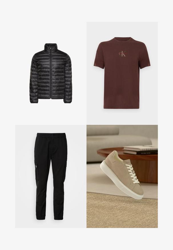 Schwarze gesteppte Jacke mit hohem Kragen, durchgehendem Frontreißverschluss und horizontalem Steppmuster. Glatter, glänzender Stoff mit elastischen Bündchen.; Braunes Baumwoll-T-Shirt mit kurzen Ärmeln, einem Brustlogo in Grau und Rot, rundem Ausschnitt und einem lockeren Schnitt.; Schwarze Cargo-Hose mit elastischem Bund, Knopfverschluss, zwei Seitentaschen und zwei Cargo-Taschen. Glattes Material mit lässiger Passform.; Beiger Wildleder-Sneaker mit weißen Schnürsenkeln und dicker weißer Sohle, der über einem strukturierten beigen Teppich in einem modernen Wohnzimmer schwebt.