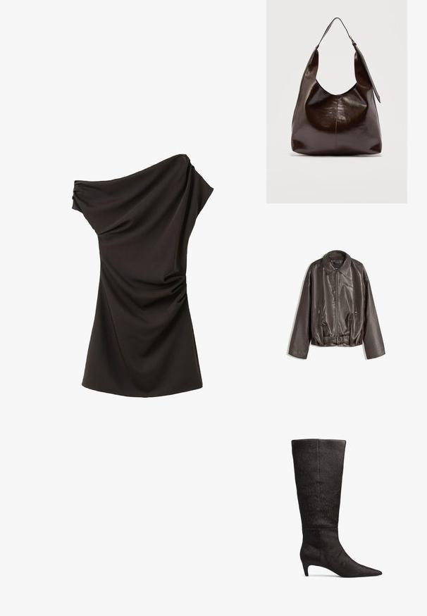 Brun læderjakke med en glat tekstur, oversized pasform, krave, lynlåslommer og en bæltestrop i taljen for ekstra detaljer.; Sort asymmetrisk one-shoulder kjole med asymmetrisk udskæring og opsamlet drapering i siden, knælængde, glat stof.; Sort knæhøj støvle lavet af tekstureret hår-lignende materiale, med spids tå og lav hæl. Sømdetaljer ved anklen.; Mørkebrunt, skinnende læder skuldertaske med en enkelt bred rem og spændedetalje på den ene side, sat mod en ensartet lys baggrund.