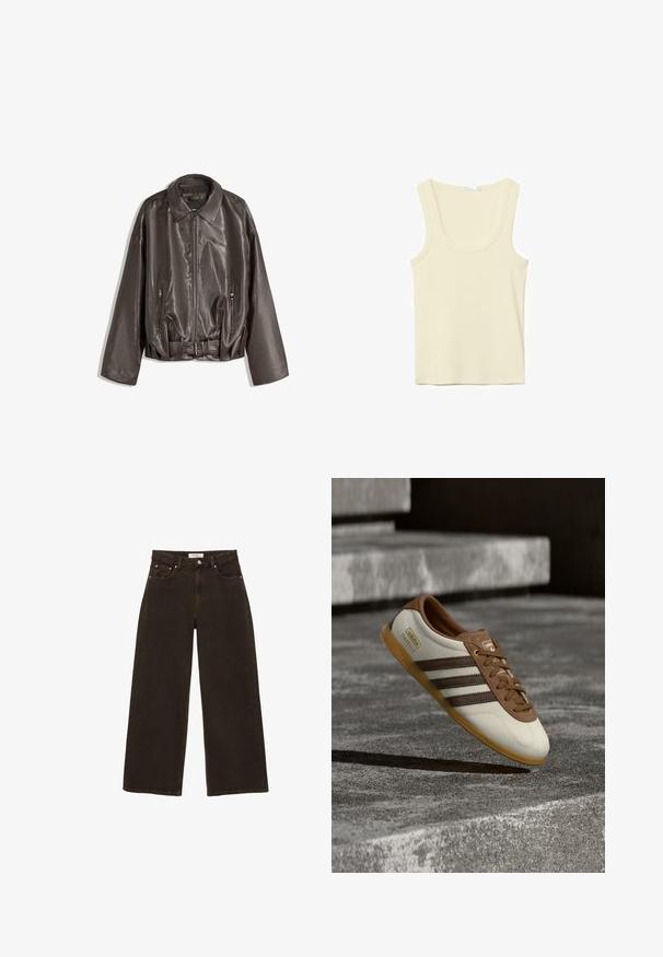 Brun læderjakke med en glat tekstur, oversized pasform, krave, lynlåslommer og en bæltestrop i taljen for ekstra detaljer.; Kremfarvet ærmeløs tanktop med rund halsudskæring og enkel syning, vist på en hvid baggrund.; Mørkebrune cowboybukser med brede ben, forrest med knap og lynlås, forlommer med nitter og bæltestropper, lagt fladt på en hvid baggrund.; Hvid og brun Adidas Gazelle-sneaker med gummisål svævende over stenetrin og jord i udendørs omgivelser.