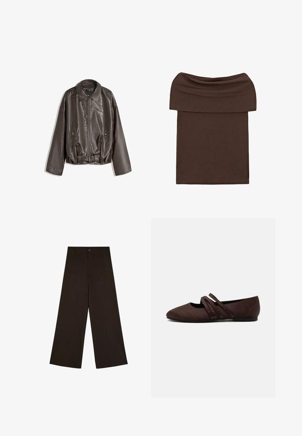 Bruine leren jas met een gladde textuur, oversized pasvorm, kraag, ritszakken en een ceintuur voor extra detail.; Bruine nauwsluitende rok met blote schouders en een brede gevouwen tailleband, gemaakt van zachte, rekbare stof.; Donkerbruine wijde broek met subtiele verticale krijtstrepen, knoopsluiting en riemlussen, plat gelegd op een witte achtergrond.; Bruine platte schoen met puntige neus en twee dunne gekruiste bandjes over de wreef, zichtbare stiksel details en lage hak.