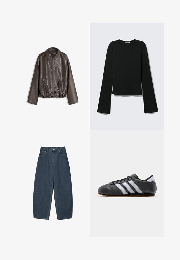Brun læderjakke med en glat tekstur, oversized pasform, krave, lynlåslommer og en bæltestrop i taljen for ekstra detaljer.; Sort langærmet rundhalset skjorte med en figursyet silhuet og let udvidede ærmer, mærket med "Weekday" brandetiketten ved halsudskæringen.; Mørkeblå denim buede bukser med høj talje, som har fem lommer og synlige stingdetaljer. Ren, minimalistik design.; Sorte lædersportssko med hvide striber, rund tå, flad sål og snørelukning. Har perforeringer for åndbarhed.