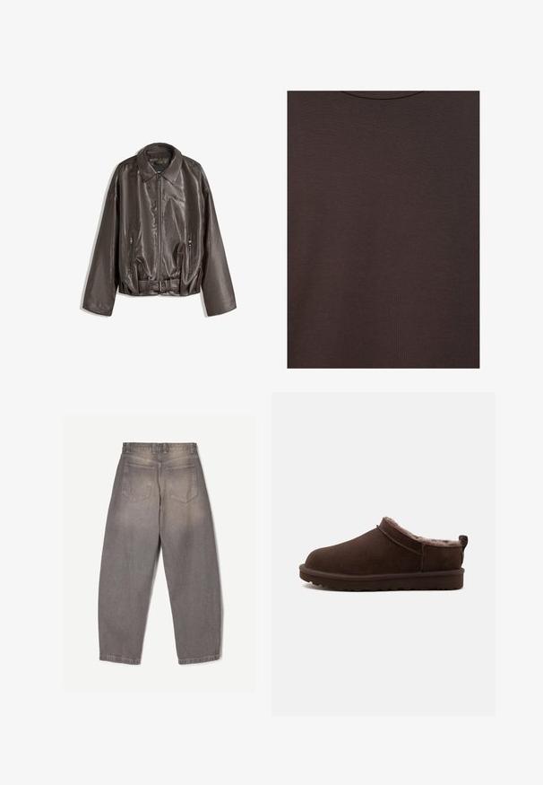 Bruine leren jas met een gladde textuur, oversized pasvorm, kraag, ritszakken en een ceintuur voor extra detail.; Donkerbruine t-shirt met ronde hals van zachte gebreide stof met fijne ribstructuur.; Grijze denim jeans van achteren gezien met twee achterzakken, riemlussen en een licht taps toelopende pijp.; Bruine instap pantoffel met zachte pluche voering en platte rubberen zool, ontworpen voor binnencomfort en warmte.