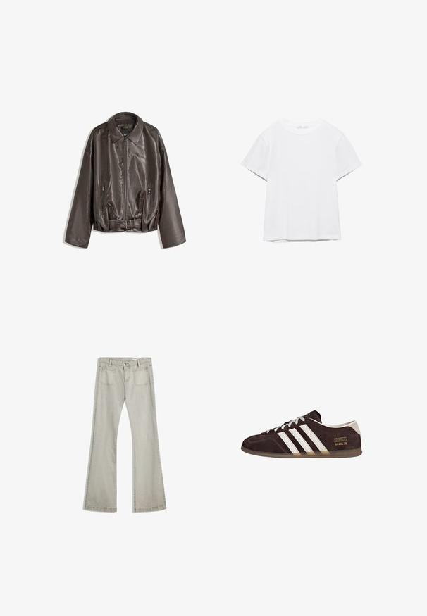Brun læderjakke med en glat tekstur, oversized pasform, krave, lynlåslommer og en bæltestrop i taljen for ekstra detaljer.; Hvid, kortærmet T-shirt med rund hals og lige kant, vist på en hvid baggrund.; Udvidede jeans i lys grå denim, med knaplukning, fem lommer og subtile stikninger langs sømmene.; Brune ruskindssneakers med tre hvide striber, gummisål og tekstlabel med ordene "Gazelle" i guld. Snørebåndsdesign med grå snørebånd.