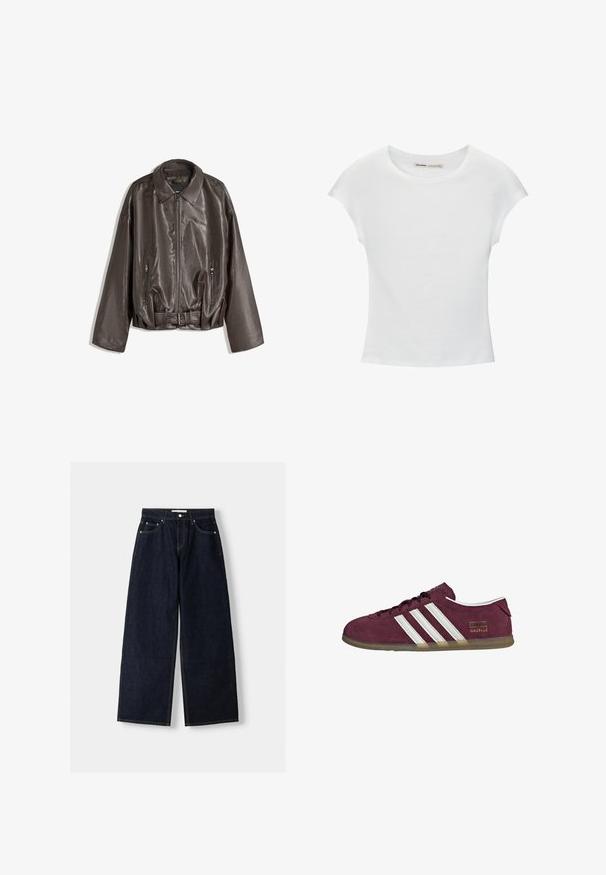 Bruine leren jas met een gladde textuur, oversized pasvorm, kraag, ritszakken en een ceintuur voor extra detail.; Witte katoenen T-shirt met korte, opgerolde mouwen, een ronde halslijn en een rechte zoom. Gladde textuur zonder zichtbare patronen of accenten.; Donkerblauwe denim wijduitlopende jeans met een hoge taille, vijf zakken, contrasterende stiksels en zilveren metalen hardware. Gladde textuur en een nette afwerking.; Bordeauxrode suède sneaker met witte strepen, een ronde neus en een buitenzool van gum rubber. Voorzien van een logolabel aan de buitenkant.