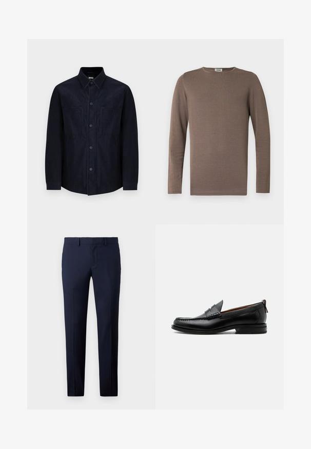Marineblaues Hemd mit Knöpfen, aus weichem Stoff gefertigt, mit einem klassischen Kragen, zwei aufgesetzten Taschen und einer leicht taillierten Passform mit glatter Textur.; Braunes Langarmshirt aus weichem Stoff mit rundem Ausschnitt und gerippter Struktur. Einfaches, klassisches Design ohne Verzierungen.; Navyblaue maßgeschneiderte Hosen mit schlankem Schnitt, geraden Beinen, glatter Textur und Gürtelschlaufen, geeignet für formelle Anlässe oder das Büro.; Schwarzer Leder-Herrenschuh mit Mokassinnaht, Penny-Riemen, strukturiertem Kragen und niedrigem gestapeltem Absatz auf weißem Hintergrund.
