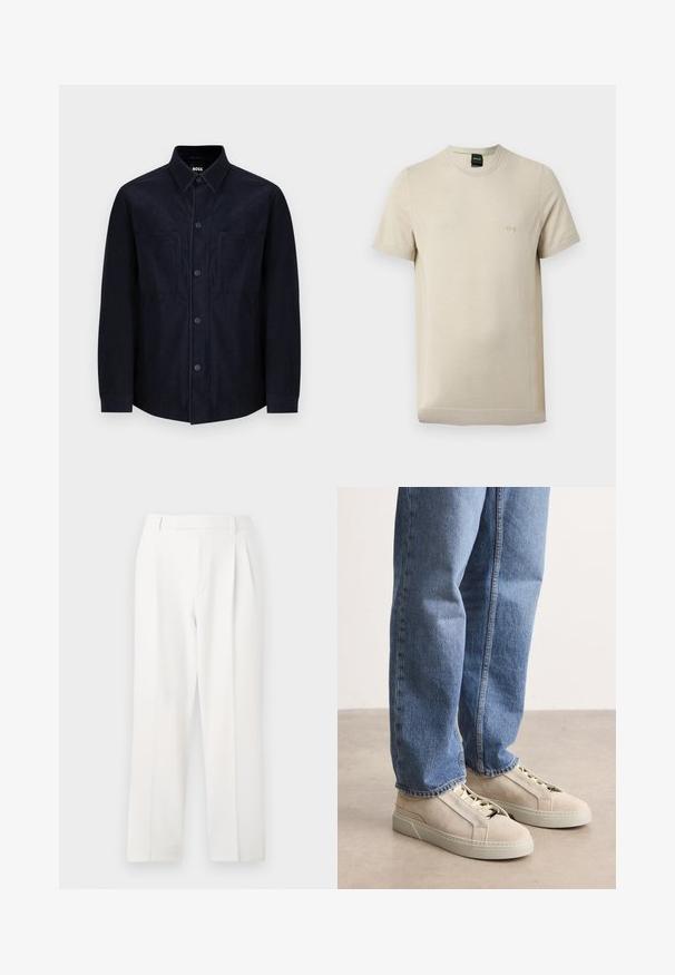 Marineblaues Hemd mit Knöpfen, aus weichem Stoff gefertigt, mit einem klassischen Kragen, zwei aufgesetzten Taschen und einer leicht taillierten Passform mit glatter Textur.; Beiges T-Shirt mit kurzen Ärmeln und Rundhalsausschnitt, feine Struktur und kleines geprägtes "BOSS"-Logo auf der linken Brust.; Weisse, maßgeschneiderte Hose mit geradem Bein, mit Falten, flachem Front und glatter Stoffstruktur. Keine sichtbaren Taschen oder Akzente.; BOSS GARYTENN_SDHDEL - Sneaker low - natural ten