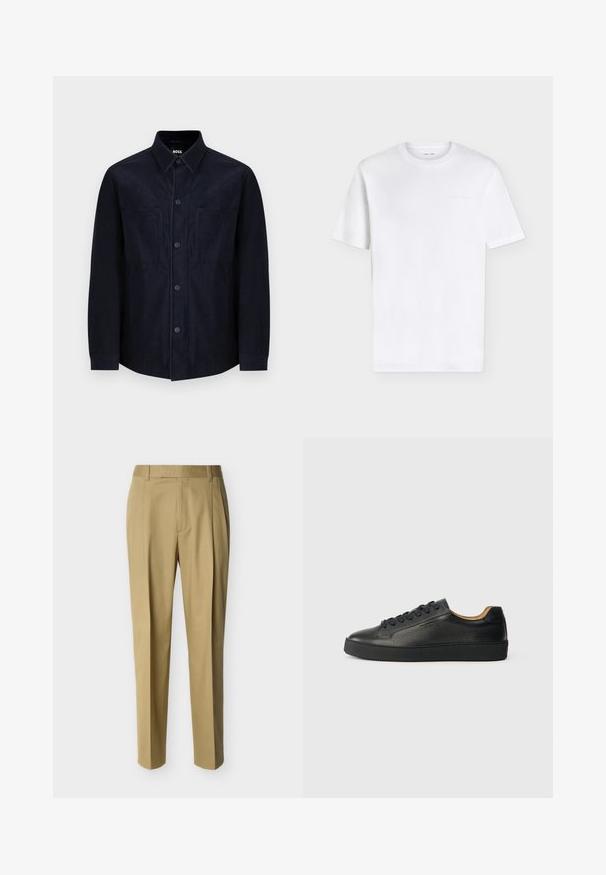 Camisa azul marino de botones, confeccionada en una tela suave, con cuello extendido, dos bolsillos frontales y un corte ligeramente ajustado con una textura suave.; Camiseta blanca lisa de manga corta y cuello redondo con un sutil logo en relieve en la parte superior izquierda del pecho, mostrada sobre un fondo blanco.; Pantalones beige a medida con trabillas para cinturón y pliegue frontal, mostrados sobre un fondo claro y liso.; Zapatilla negra de cuero de caña baja con superficie texturizada, cordones negros y suela de goma gruesa, mostrada de lado sobre un fondo claro.