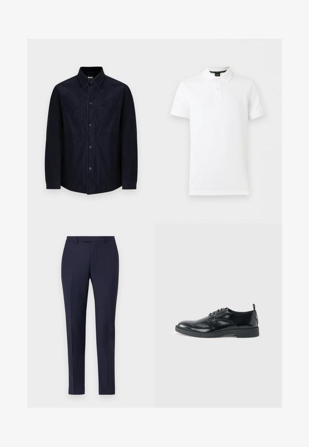 Marineblauw knoopshirt van zachte stof, met een spread collar, twee voorzakken en een licht getailleerde pasvorm met een soepele textuur.; Wit poloshirt met korte mouwen, een kraag en een tweeknops placket, met een subtiel logo op de linkerborst.; Marineblauwe op maat gemaakte broek met een strak ontwerp, platte voorkant, smalle benen en zonder zichtbare bevestigingsmiddelen of patronen. Glad stoffen textuur.; Glanzende zwarte lederen nette schoen met lage hak, vetersluiting en ronde neus, van opzij getoond tegen een effen lichte achtergrond.