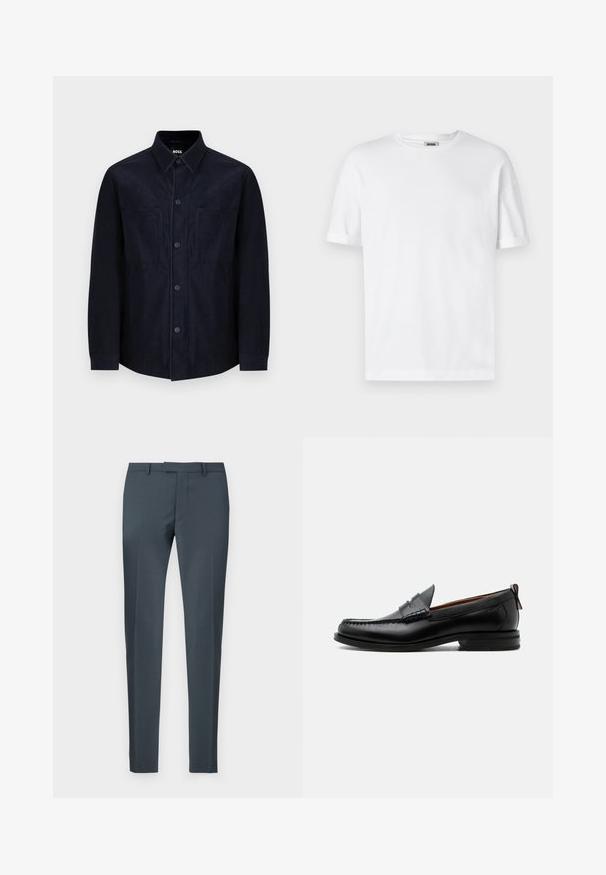 Marineblå skjorte med knapper, lavet af blødt stof, med spread krave, to forlommer og en let tætsiddende pasform med en glat overflade.; Hvid bomulds T-shirt med rund hals, korte ærmer og oprevet manchetter; enkel design, blød tekstur og lige snit.; Slim-fit bukser i mørkegrå stof med flad front, bæltestropper og sidelommer, samt en glat tekstur og skræddersyet form.; Sort læder herre loafer med moc-tå syning, penny strop, struktureret krave og lav stablet hæl på hvid baggrund.