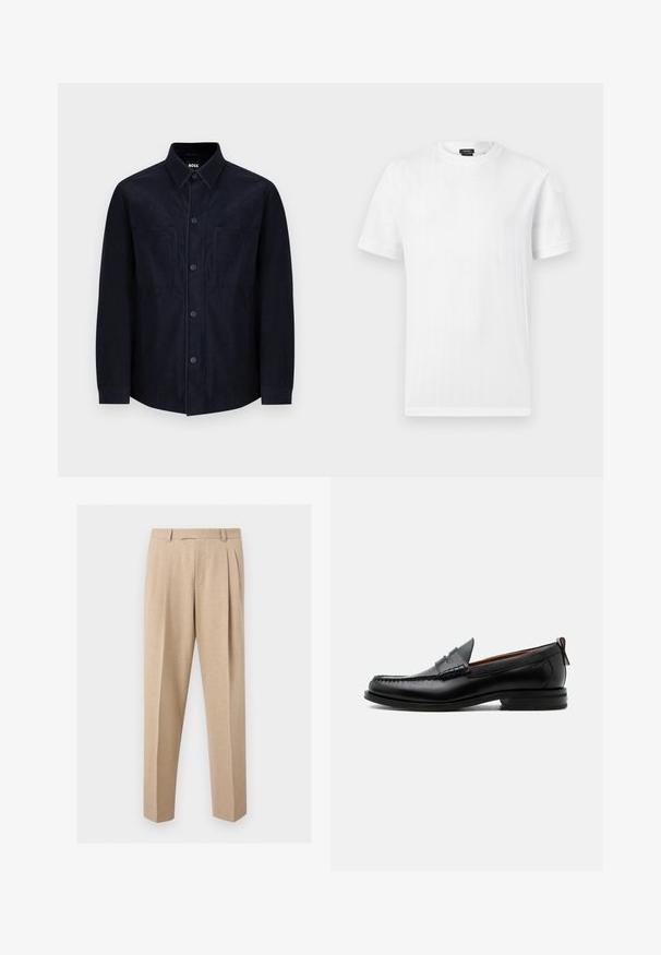 Chemise button-up navy en tissu doux, avec un col étalé, deux poches avant et une coupe légèrement cintrée avec une texture lisse.; T-shirt blanc à manches courtes et col rond, avec une subtile texture côtelée verticale, présenté sur un fond gris clair uni.; Pantalon beige sur mesure avec plis sur le devant, passants de ceinture et jambes droites, présenté sur un fond clair et uni.; Mocassin homme en cuir noir avec couture moc toe, bride penny, col texturé et petit talon empilé sur fond blanc.