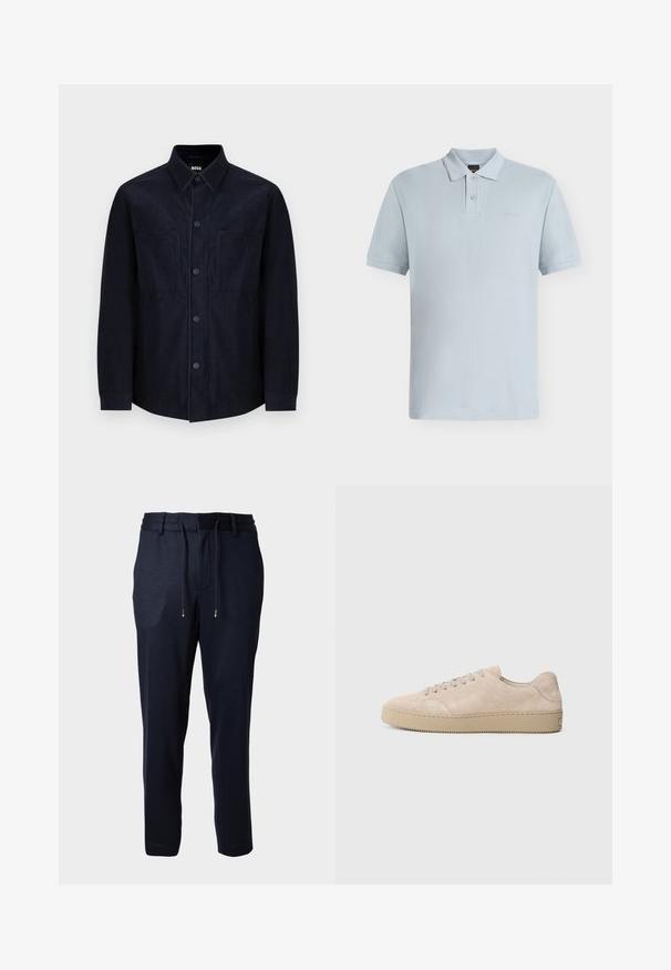 Camisa azul marino de botones, confeccionada en una tela suave, con cuello extendido, dos bolsillos frontales y un corte ligeramente ajustado con una textura suave.; Polo de manga corta azul claro con dos botones, cuello y logo sutil de "BOSS" en el pecho izquierdo.; Pantalones casual azul marino oscuro con cintura elástica y cierre de cordón, mostrados sobre un fondo liso y claro.; Zapatilla de ante beige con punta redondeada, cordones planos y suela de goma texturizada. Diseño minimalista con bordes suaves y costuras sutiles.