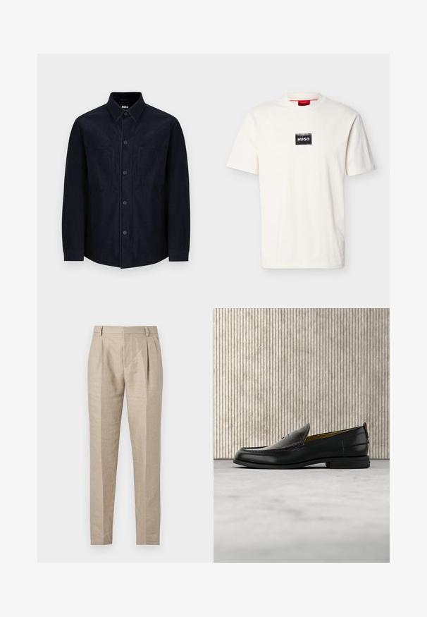Marineblauw knoopshirt van zachte stof, met een spread collar, twee voorzakken en een licht getailleerde pasvorm met een soepele textuur.; Witte T-shirt met korte mouwen en ronde hals, met een kleine zwarte rechthoekige patch en witte "HUGO" tekst op de borst.; Beige op maat gemaakte broek met voorplooien, riemlussen en smal toelopende pijpen op een witte achtergrond.; Zwarte leren herenslipper met een krokodillen-embossed voorblad en een lage hak, zij-aanzicht op een neutrale achtergrond.