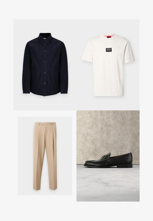Marineblå skjorte med knapper, lavet af blødt stof, med spread krave, to forlommer og en let tætsiddende pasform med en glat overflade.; Hvid kortærmet T-shirt med rund hals og en lille sort rektangulær patch med hvid "HUGO" tekst på brystet.; Beige skræddersyede bukser med frontplisser, bæltestropper og lige ben, vist mod en ensartet lys baggrund.; Sort læderloafers med guldfarvet metaldekoration og "HUGO" branding, vist mod en beige tæppe og brunt gennemsigtigt møbel.