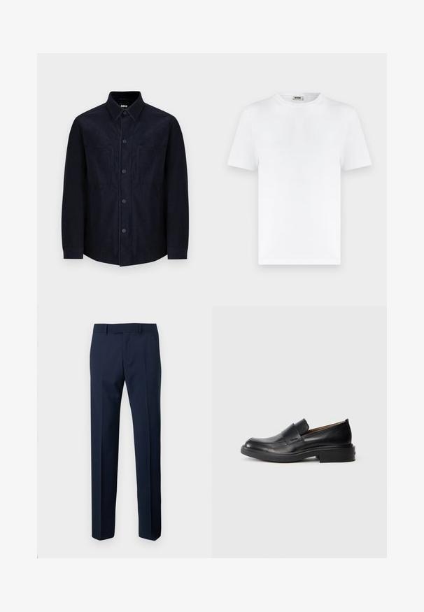 Marineblaues Hemd mit Knöpfen, aus weichem Stoff gefertigt, mit einem klassischen Kragen, zwei aufgesetzten Taschen und einer leicht taillierten Passform mit glatter Textur.; Weißes T-Shirt mit kurzen Ärmeln, Rundhalsausschnitt und Rippenstruktur sowie einem kleinen Nackenetikett mit der Aufschrift "DRYKORN" vor schlichtem hellem Hintergrund.; Marineblaue Anzughose mit Gürtelschlaufen, Vordertaschen und geradem Bein, flach auf einem hellen Hintergrund liegend.; Schwarze Leder-Pantoletten mit niedrigem Absatz und dezentem Calvin Klein-Logo an der Seite, im Profil vor einem weißen Hintergrund dargestellt.