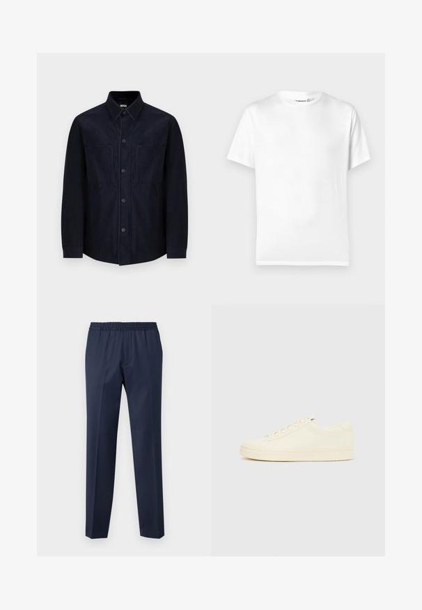 Marineblå skjorte med knapper, lavet af blødt stof, med spread krave, to forlommer og en let tætsiddende pasform med en glat overflade.; Hvid bomulds t-shirt med klassisk rund halsudskæring, korte ærmer og lige kant. Glat tekstur, uden mønstre eller accenter.; Marineblå bukser med elastisk talje, lige ben, glat tekstur og uden synlige mønstre eller hardware-detaljer.; Sneaker i cremefarve med en glat læderoverdel, rundet tå, snørelukning foran og en tekstureret gummisål. Minimalistisk design uden logoer.