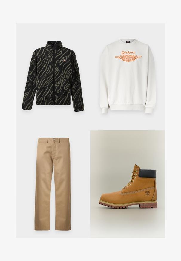 Sort fleecejakke med grønt abstrakt mønster, fuld lynlås, høj krave og frontlomme med lynlås. Blød tekstur og design med normal pasform.; Hvid langærmet sweatshirt med ribbede manchetter og kant, med orange "Dickies" og Harley-Davidson Motor Cycles vingelogo på fronten.; Kaki chinos lavet af glat bomuldsstof, med klassisk lige ben-design, forlommer og en enkelt baglomme.; Brun læderankelstøvle med sort krave, gule snørebånd og tanfarvet sål. Har logo og hvide syninger som detalje. Robust ydersål med greb.