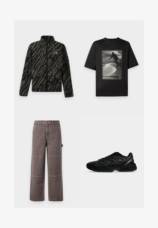 Schwarze Fleecejacke mit grünem abstraktem Muster, durchgehender Reißverschluss, hoher Kragen und Reißverschlusstasche vorne. Weicher Stoff und reguläre Passform.; Schwarzes kurzärmliges T-Shirt mit einem grafischen Druck, der eine silhouettierte Figur auf einer strukturierten weißen Fläche mit linearen Mustern zeigt.; Weite Hosen in einem verblassten Braunton, aus strapazierfähigem Stoff mit kontrastierenden Nähten. Mit Paneeldetails und einer Seitentasche.; Schwarzer Sportschuh mit wellenförmigen Mustern und kleinem Krokodil-Logo an der Seite, dargestellt auf einem einfarbigen hellgrauen Hintergrund.