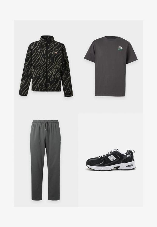 Schwarze Fleecejacke mit grünem abstraktem Muster, durchgehender Reißverschluss, hoher Kragen und Reißverschlusstasche vorne. Weicher Stoff und reguläre Passform.; Dunkelgraues T-Shirt mit kurzen Ärmeln und Rundhalsausschnitt, mit kleinem weißen und grünen "The North Face 1966"-Logo auf der oberen linken Brust.; Dunkelgraue Fleece-Sweathosen mit elastischem Bund und Kordelzug, mit kleinem Logo am rechten Oberschenkel.; Schwarze und graue Sportschuhe mit Obermaterial aus Mesh und Wildleder, ausgestattet mit einer weißen Zwischensohle, Schnürsenkeln und einem markanten "N"-Logo an der Seite.