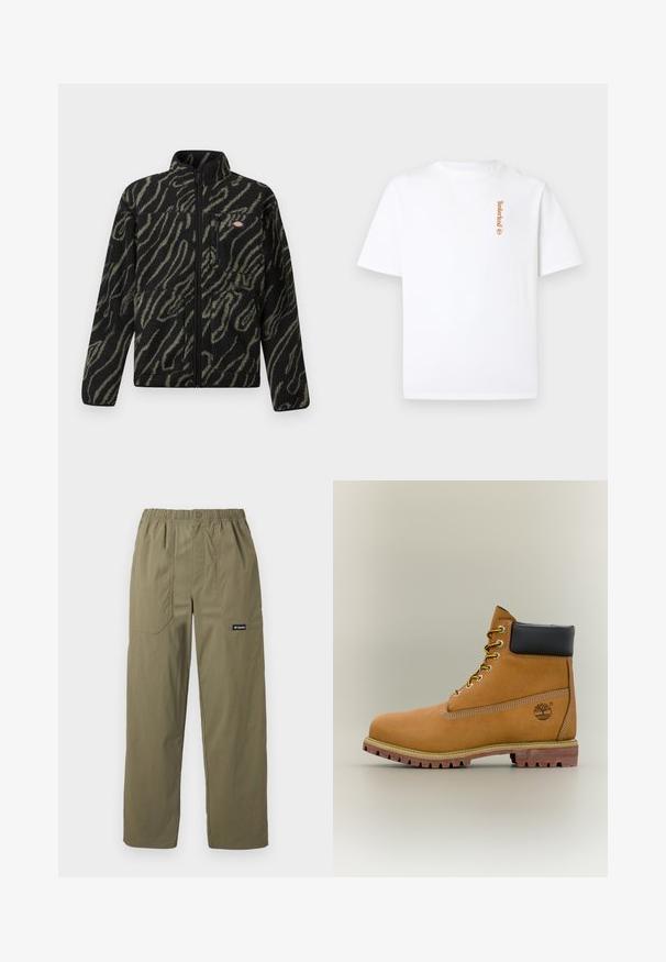 Zwarte fleecejack met groen abstract patroon, volle rits, hoge kraag en een voorzak met rits. Zachte textuur en regular fit ontwerp.; Wit T-shirt met korte mouwen en ronde hals, met een klein verticaal Timberland-logo in het oranje aan de linkerborstzijde.; Olijfgroene broek met rechte pijpen, elastische tailleband, voorzakken met opgestikte zakken, knoopsluiting en Columbia-logo op de rechterzak.; Bruine leren enkellaars met zwarte kraag, gele veters en een zandkleurige zool. Voorzien van een logo en witte stikseldetails. Robuuste loopzool met grip.
