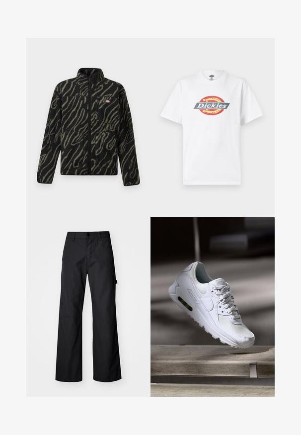 Zwarte fleecejack met groen abstract patroon, volle rits, hoge kraag en een voorzak met rits. Zachte textuur en regular fit ontwerp.; Witte katoenen t-shirt met een meerkleurig cirkelvormig logo met de tekst "Dickies" in vetgedrukte letters. Korte mouwen, ronde hals en een gladde textuur.; Zwarte, wijde broek gemaakt van duurzaam materiaal. Voorzien van een knoopsluiting en zijzakken. Glad textuur met een strakke uitstraling.; Witte Nike Air Max 90 sneaker met een bovenwerk van mesh en leer, een geperforeerde teenbox en een zichtbare luchtunit in de hiel.