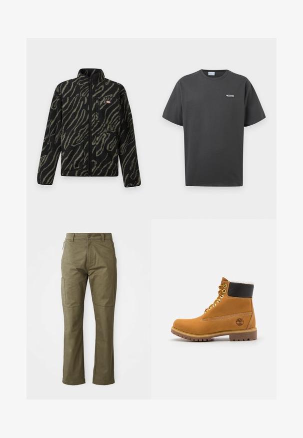Zwarte fleecejack met groen abstract patroon, volle rits, hoge kraag en een voorzak met rits. Zachte textuur en regular fit ontwerp.; Donkergrijs T-shirt met korte mouwen en ronde hals, met een klein wit Columbia Sportswear-logo op de linkerborst, tegen een effen achtergrond.; Khaki cargobroek gemaakt van stevig katoen, met zijzakken, rechte pijpen en een rits met knoopsluiting.; Bruine leren enkellaars met metalen oogjes, witte faux bont voering, zwarte gewatteerde kraag, robuuste zool en een reliëflogo aan de zijkant.