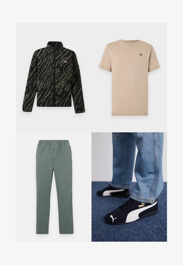 Zwarte fleecejack met groen abstract patroon, volle rits, hoge kraag en een voorzak met rits. Zachte textuur en regular fit ontwerp.; Beige T-shirt met korte mouwen en ronde hals, met een klein cartoonachtige patch op de linkerborst waarop een personage met grote ogen te zien is.; Groene broek van katoenmix met een elastische tailleband, recht ontwerp en subtiele textuur. Voorzien van zijzakken en een centrale naad.; Zwarte suède sneakers met witte accenten, voorzien van een gouden logo. Gemaakt met lichtblauwe spijkerbroek en geplaatst op een textuur blauwe ondergrond.