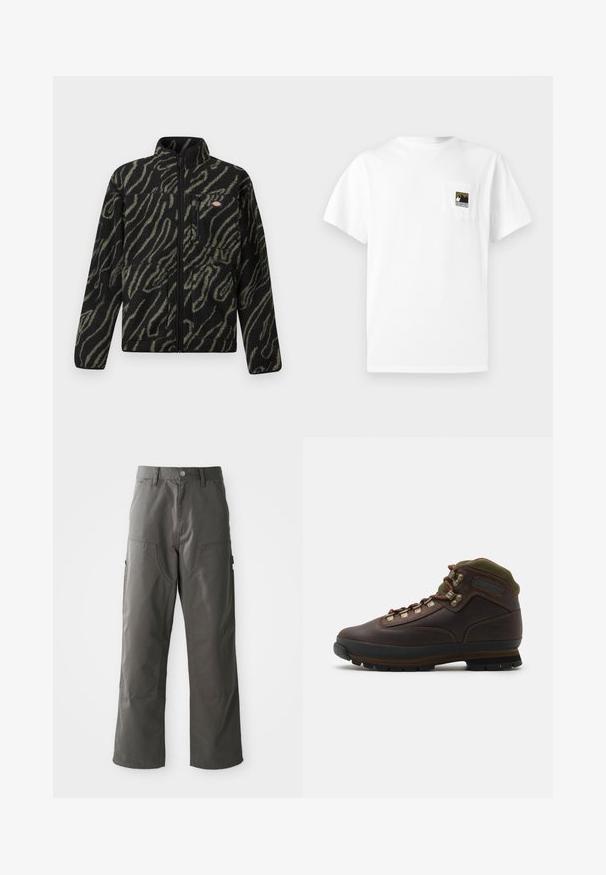 Sort fleecejakke med grønt abstrakt mønster, fuld lynlås, høj krave og frontlomme med lynlås. Blød tekstur og design med normal pasform.; Hvid bomulds T-shirt med korte ærmer og en brystlomme med et bjerglogo i sort og guld. Enkel, udekoreret design.; Grå cargo-bukser med lige bendesign, der har to forlommer og ekstra sidelommer til opbevaring. Lavet af slidstærkt stof.; Brune læder vandrestøvle med grøn stofkrave. Har metal snørehuller, gummisål og struktureret sål til greb.