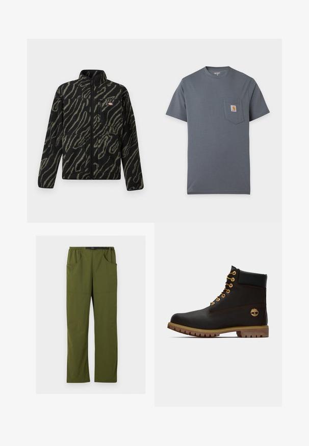 Schwarze Fleecejacke mit grünem abstraktem Muster, durchgehender Reißverschluss, hoher Kragen und Reißverschlusstasche vorne. Weicher Stoff und reguläre Passform.; Graues Kurzarm-T-Shirt mit einer Vordertasche und kleinem quadratischem Carhartt-Logo auf der Brust.; Olivgrüne gerade geschnittene Hose mit elastischem Bund und schwarzem verstellbarem Schnallen-Gürtel, Vorder- und Seitentaschen, Details in der vorderen Naht.; Schwarze Leder-Ankle-Boots mit goldenen Ösen, braunen Akzenten und einer Gummisohle. Verfügt über einen gepolsterten Schaft und ein geprägtes Logo an der Seite.