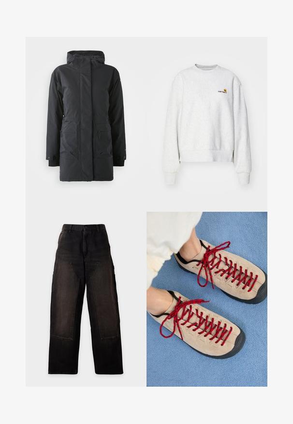 Sort vandtæt parka-jakke med lynlås foran, høj krave, to frontlommer og elastiske manchetter. Glat tekstur, varm isoleringsdesign.; Grå crew-neck sweatshirt i et blødt stof med ribbede manchetter og kant; har broderet logo på brystet i gul og mørkerød.; Sorte bukser med vide ben, store forlommer og bæltestropper, vist mod en ensartet lys baggrund.; Beige sko med røde snørebånd, placeret på en blå tekstureret overflade, delvist synliggørende en persons ankel. Skoene har et sporty design.
